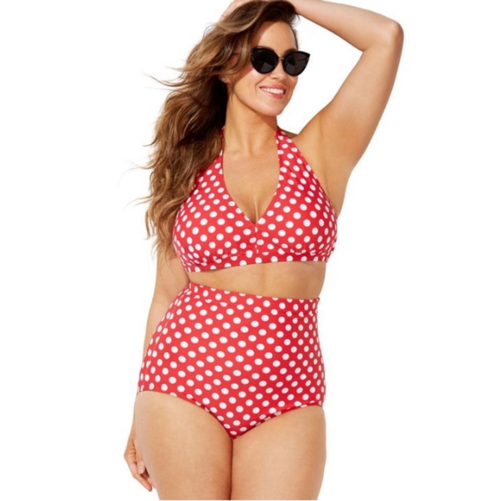 Swimsuits For All Diva Halter High Waist Bikini Set 14 Red Polka Dot